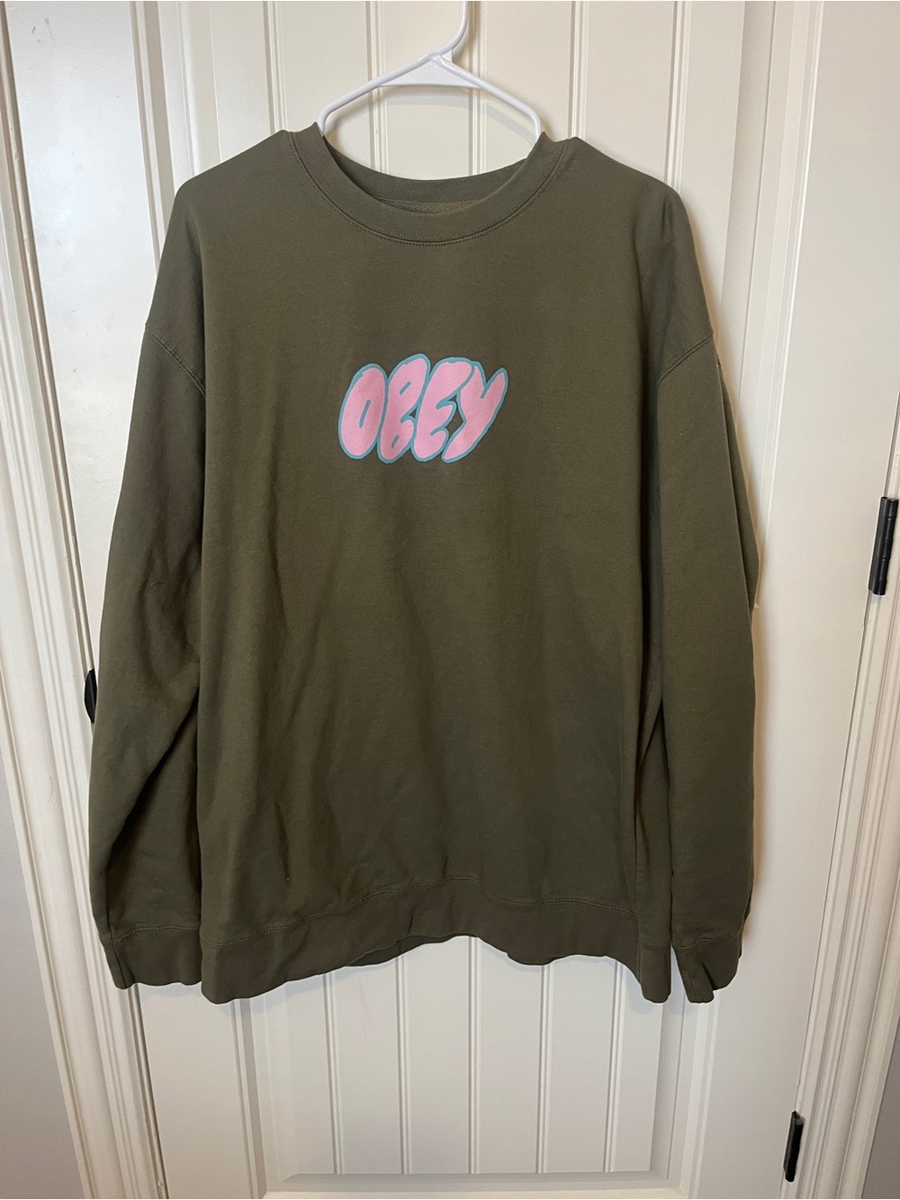 Obey Olive Crewneck Sweatshirt with Pink Logo
